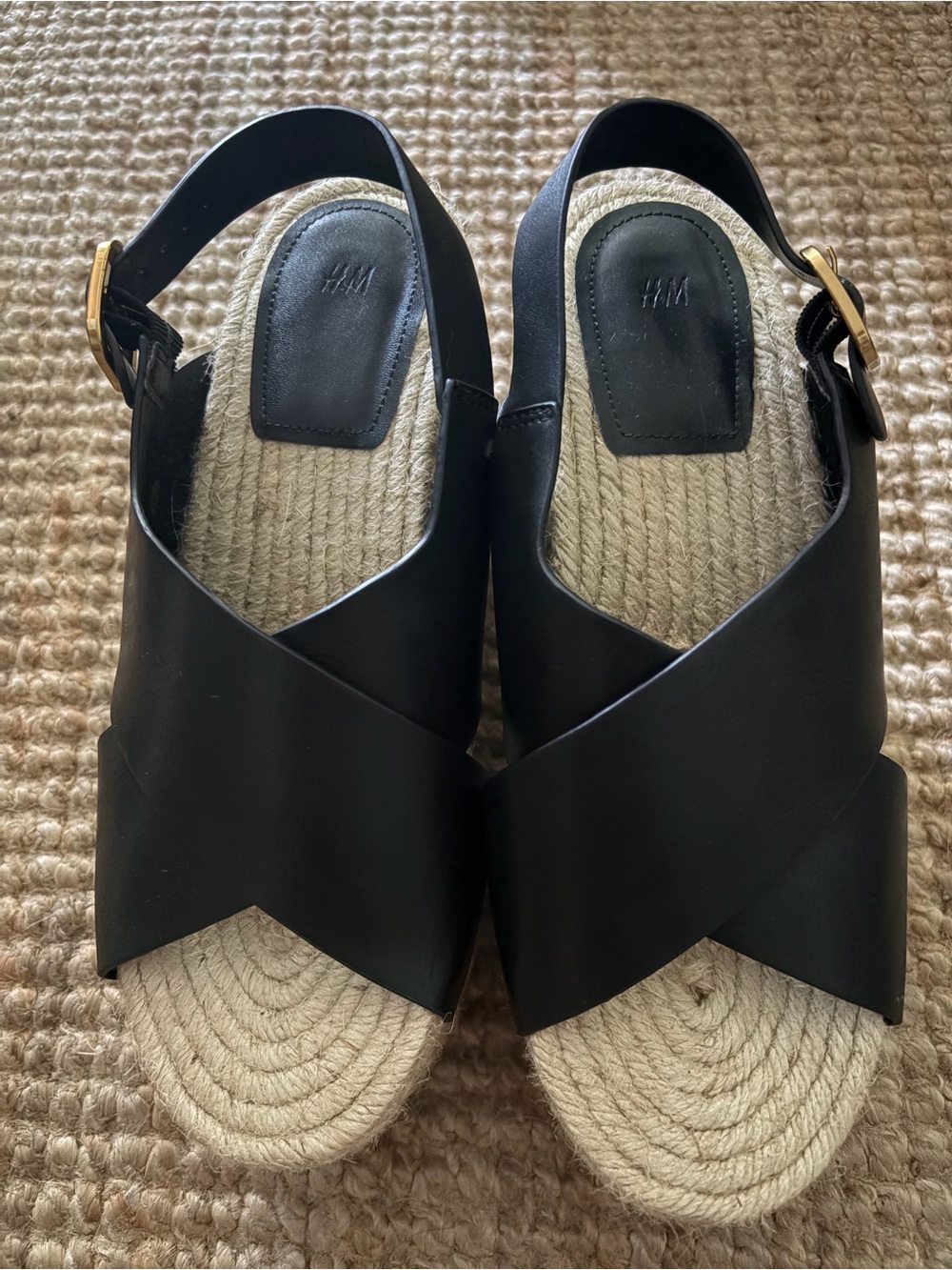 H&M Black Cross-Strap Espadrille Sandals with Gold Buckle